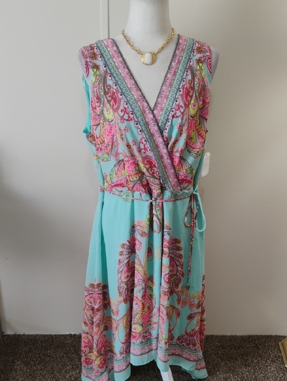 Studio One Aqua Wrap Midi Dress with Pink Paisley - Picture 6 of 7